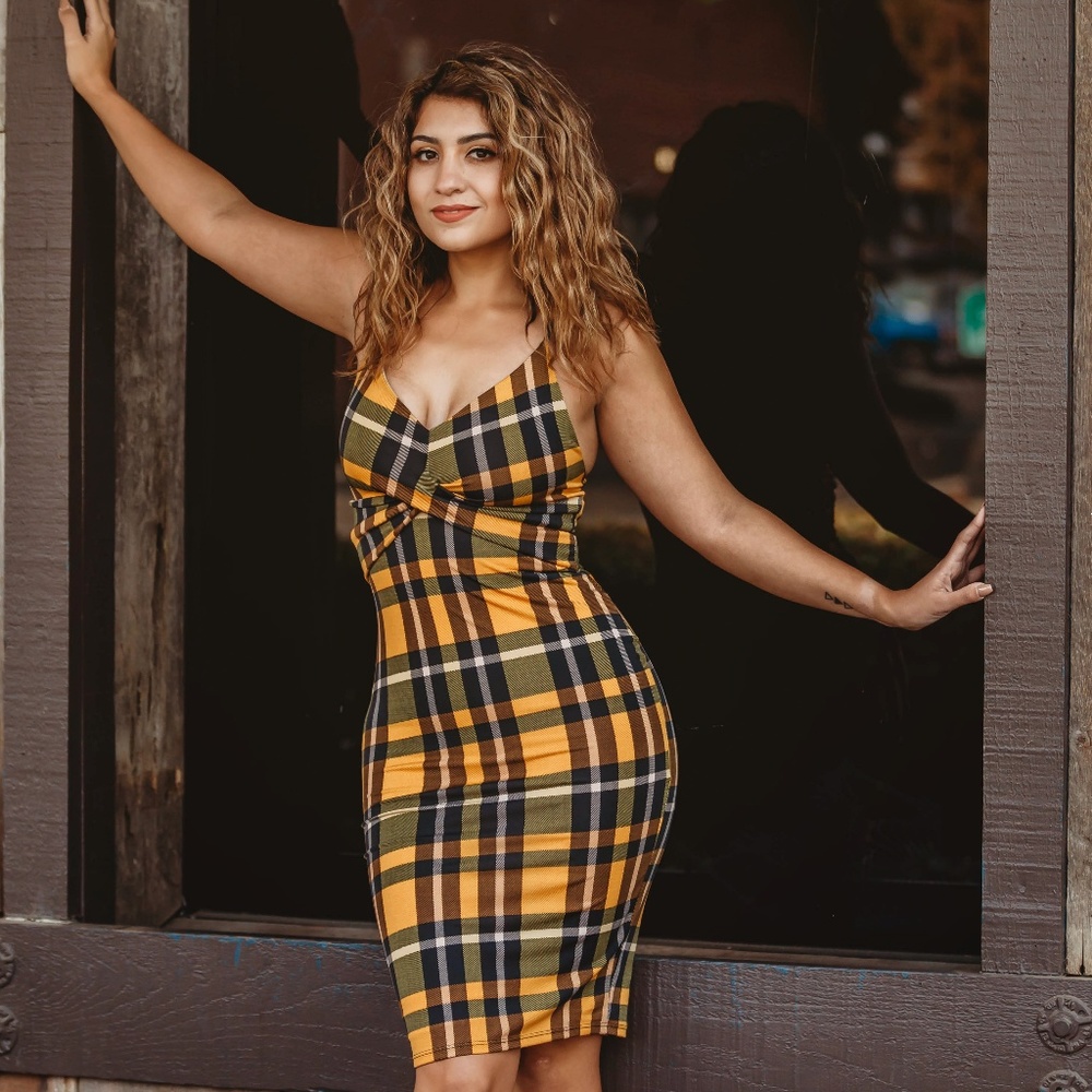 Mustard Plaid Criss Cross Back Body Con Dress